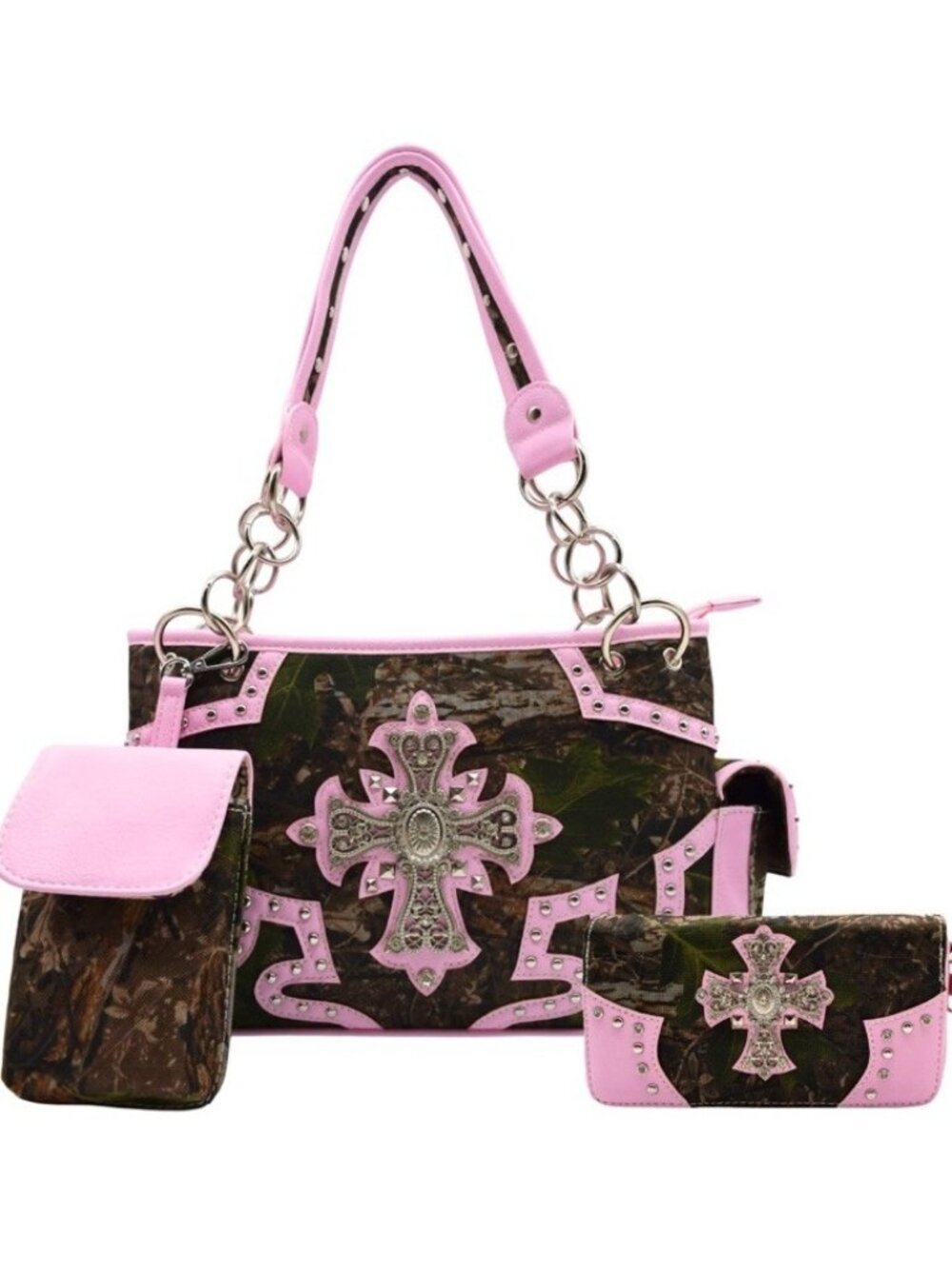 Pink Green Camouflage Purse Rhinestone Cross Handbag Shoulder Bag Wallet Set New